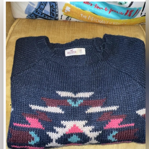 Hollister Navy Blue Sweater Aztec Crew Neck Oversized Women's XS - Picture 4 of 6